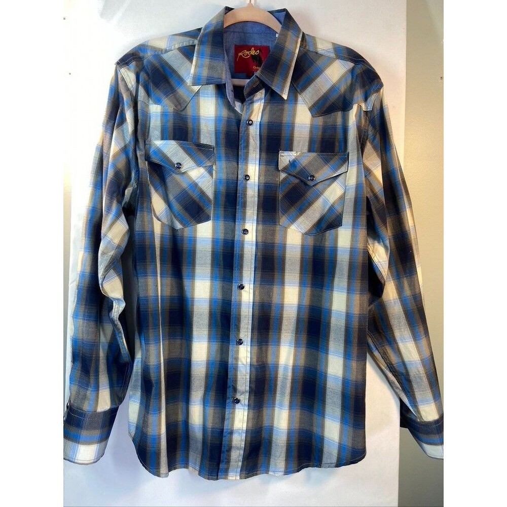 RODEO MENS XLARGE BLACK PEAL SNAPS LONG SLEEVE GRAY BLUE PLAID COTTON SHIRT